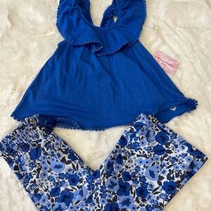 Blue Ruffle Top and Floral Pants Set